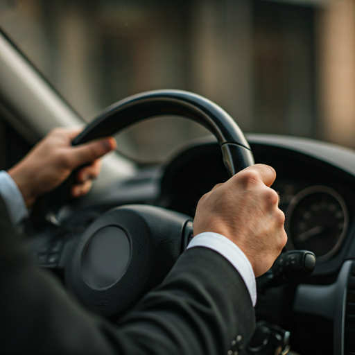 Close up of chauffeur hands on steering wheel